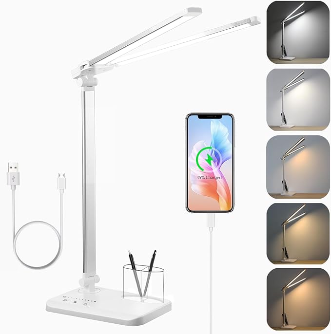 LED Desk Lamp for Home Office - Dual Swing Arm Desk Light with USB Charging Port,Eye-Caring Foldable 5 Color Modes 10 Brightness Levels Dimmable Desk Lamp for College Dorm Room (Silver) - LeafyLoom