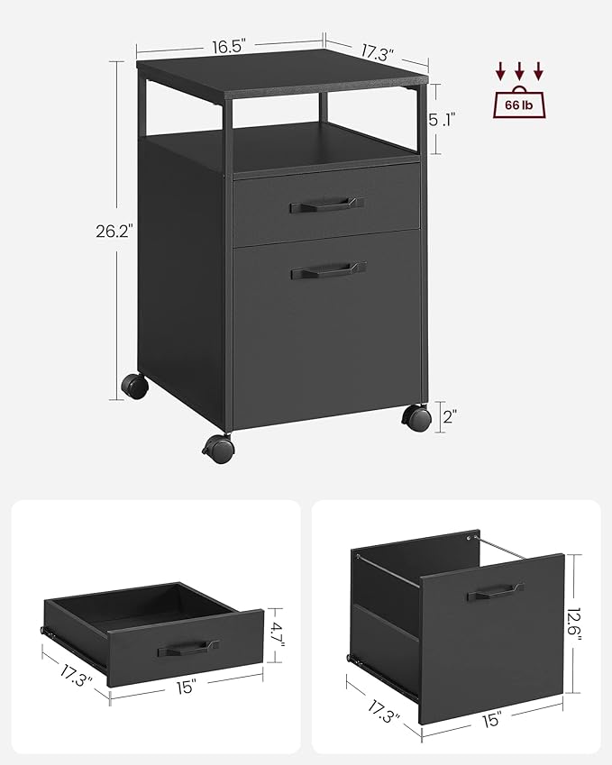 VASAGLE File Cabinet, Mobile Filing Cabinet with Wheels, 2 Drawers, Open Shelf, for A4, Letter Size, Hanging File Folders, Ink Black UOFC071B16 - LeafyLoom