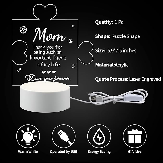 Puzzle Night Light Gift for Mom, Mother's Day Gifts from Daughter and Son Night Lamp with Plastic Base, Mom Gifts On Anniversary Christmas Day for Mom - LeafyLoom