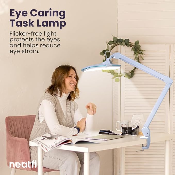 Neatfi Elite HD XL Task Lamp, 3 Light Modes, 90PCS SMD LED, Super Bright Desk Lamp, Eye-Caring LED Lamp, Non-Polar Dimming, Adjustable Brightness Levels (CCT with Clamp, Blue Ring, 17 Inches) - LeafyLoom