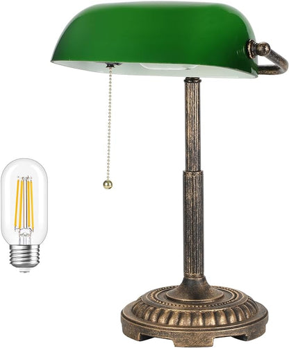 Bankers Lamp, Green Desk Lamp with Pull Switch, Vintage Table Lamps for Home Office, Library, Piano LED Bulb Included (Green) - LeafyLoom