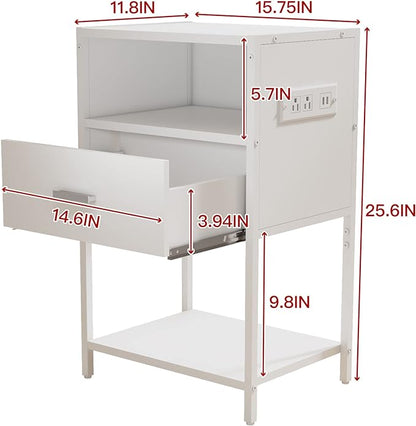 LDTTCUK Nightstand with Charging Station, Modern End Table with Drawer, White Bedside Table with Open Storage for Bedroom - LeafyLoom