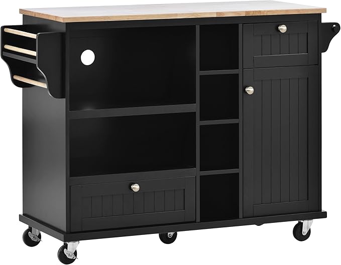 Kitchen Island with Storage, Rolling Table on Wheels Solid Wood Desktop, Microwave Cabinet, Floor Standing Buffet Server Sideboard for Dinning Room - LeafyLoom