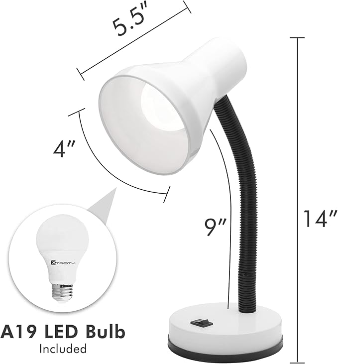 Xtricity Metal Desk Lamp with Adjustable Gooseneck Arm, 6W A19 LED Bulb Included, 120 Volt, Convenient On/Off Switch, 14" Inch Tall (36cm), White Finish - LeafyLoom