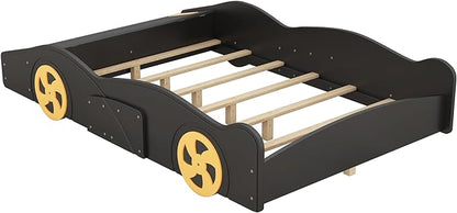 Full Size Race Car-Shaped Platform Bed with Wheels,Wooden Car Bedframe W/Storage Space,No Box Spring Required,for Boys Toddlers Kids Child's Bedroom,Black+Yellow - LeafyLoom