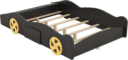 Full Size Race Car Bed for Kids, Car-Shaped Bed Frame with Wheels and Storage Footboard for Boys, Wood Slats Support,No Box Spring Needed, Black+Yellow - LeafyLoom