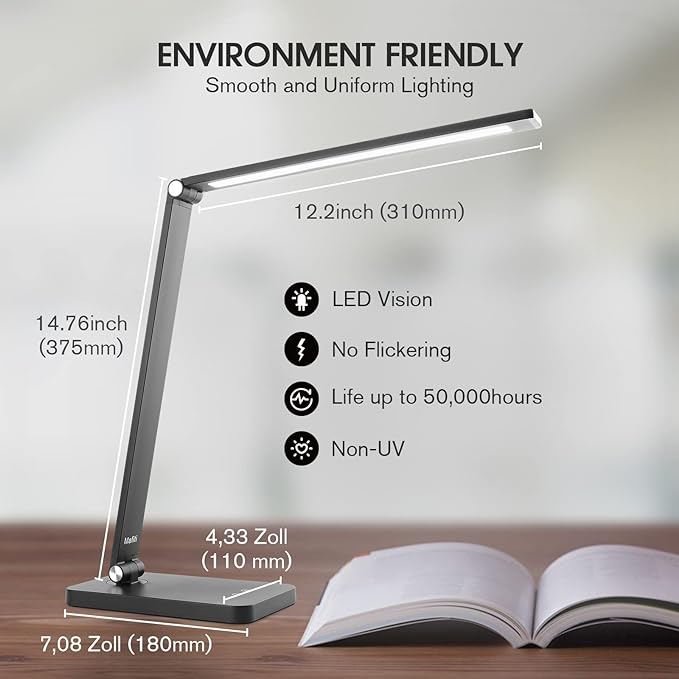 mafiti LED Desk Lamp for Home Office,Touch Desk Light 5 Light Modes 3 Brightness,Foldable Table Lamp with Adjustable Arm,Eye-Caring Lamp with USB Port, Bedside Lamp for working Reading Study,Black - LeafyLoom