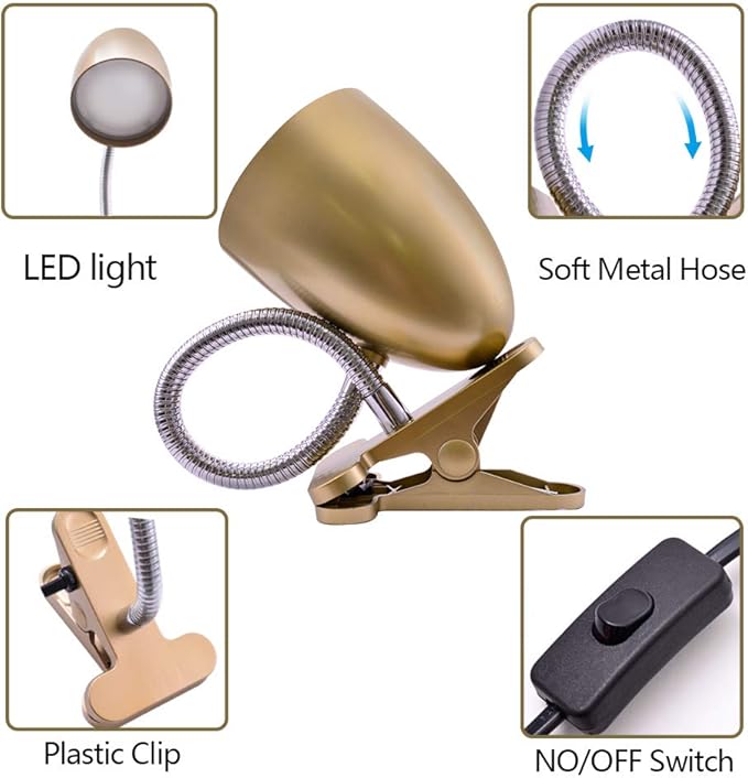 Energetic Clip on Lamp for Bed, Non-Dimmable Reading Light for Bed and Desk, 4000K Cool White, 3.5W 240 LM Flexible Gooseneck lamp, Eye Protection, ETL Listed, Gold - LeafyLoom