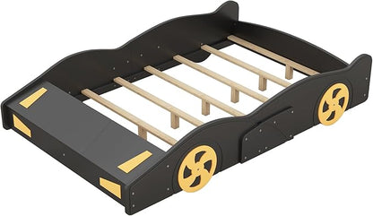 Full Size Race Car Bed Platform Bed with Wheels and Storage,Wood Bed Frame W/Wood Slats Support,for Kids Boys Girls Teens,Box Spring Not Required,Black+Yellow - LeafyLoom