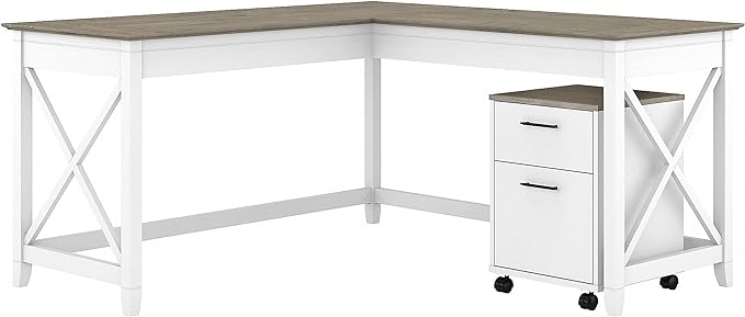 Bush Furniture Key West 60W L Shaped Desk with 2 Drawer Mobile File Cabinet in Pure White and Shiplap Gray - LeafyLoom