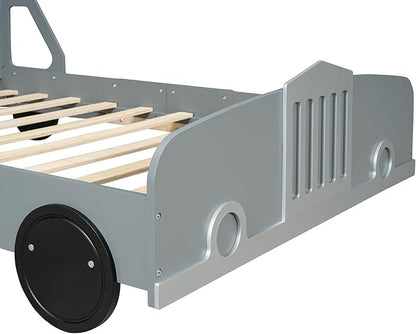 Full Size Car-Shaped Bed Frame for Kids,Wooden Platform Bed with Wheels and Side Rails for for Boys Girls,Wood Slat Supports,No Box Spring Needed,Gray - LeafyLoom