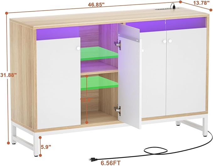 Aheaplus Sideboard Buffet Cabinet with Power Outlet, Kitchen Storage Cabinet with LED Light & Acrylic Doors, Accent Cabinet Cupboard Console Table for Dining Room, Kitchen, Hallway, Natural - LeafyLoom