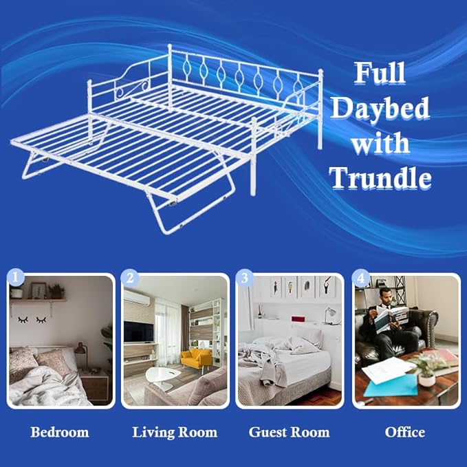 Full Daybed with Trundle, Metal Day Bed with Pull Out Trundle, Sofa Bed with Twin Size Portable Folding Trundle, Bed Frame for Bedroom, Living Room, Guest Room, Home, No Box Spring Needed, White - LeafyLoom