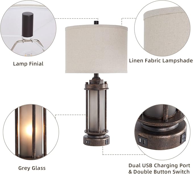 Set of 2 Farmhouse Lamps for Living Room, Rustic Vintage Bedroom Nightstand Table Lamp with 2 USB Charging Ports, Built-In Frosted Glass Night Light for End Table Entryway, 4 Bulbs Included (Bronze) - LeafyLoom