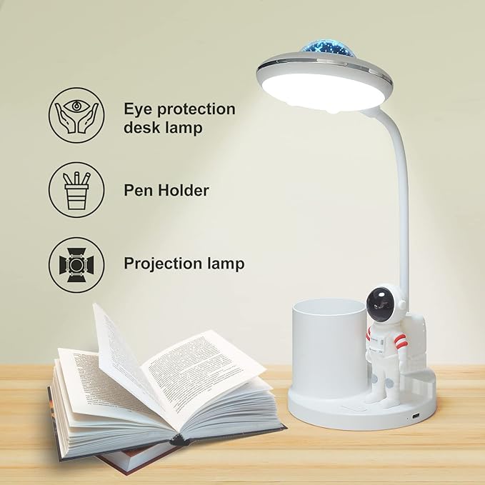 LED Desk Lamp for Kids, Astronaut cute Small Desk Lamp with USB Charging Port, Pen Holder, projection night lights for kids, White desk Lamp, Eye-Caring Study Table Lamp for boys Bedroom - LeafyLoom