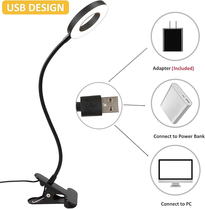 Desk Lamp Clip on Light, Desk Light 48 LED Lamp with 3 Lighting Modes, Dimmable 10 Brightness Levels, 360° Adjustable Gooseneck, Eye-Caring Small Lamp for Bed Headboard Reading（Included Adapter ） - LeafyLoom