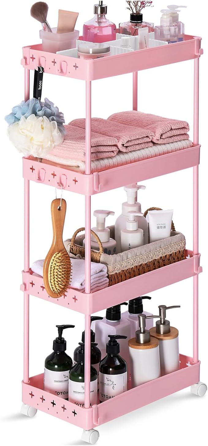 TOOLF 4 Tier Utility Cart with Wheels, Rolling Cart with Adjustable Divider & Hooks, Cart Organizer for Diaper Craft Snack, Narrow Storage Cart for Laundry Bedroom Bathroom Kitchen, Pink - LeafyLoom