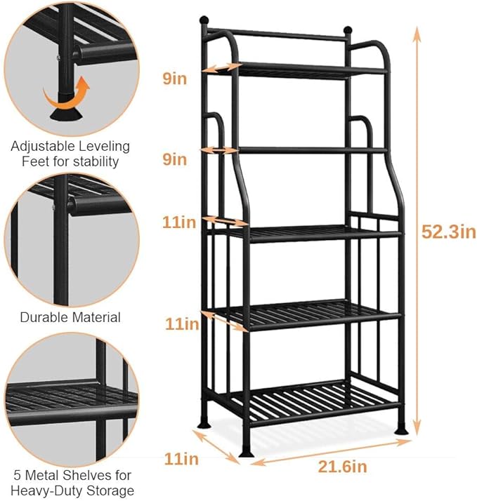 Shelving Unit Bakers Rack Metal Storage Shelves Laundry Shelf Organizer Standing Shelf Units for Laundry Kitchen Bathroom Pantry Closet Indoor and Outdoor (5 Tier, Black) - LeafyLoom