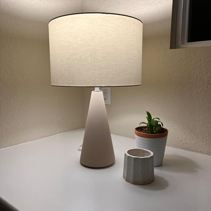 Brightech Nathaniel LED Table Lamp - Modern White Cement Tower Table Lamp for Bedside, Nightstand, Desk - Cozy Soft White Light for Living Room, Bedroom - LeafyLoom