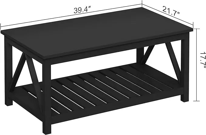 ChooChoo Coffee Table, Rustic Vintage Living Room Table with Shelf, 40 Pure Black - LeafyLoom