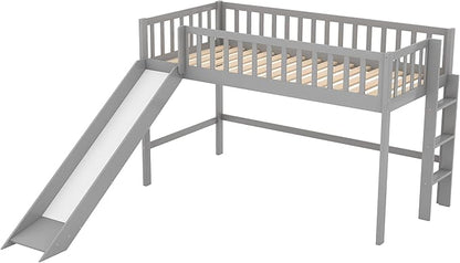 Merax Twin Wood Junior Low Loft Bed Frame with Slide Loft Bed with Full Length Guardrails for Kids Girls Boys,Gray - LeafyLoom