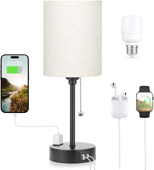 Small Bedside Lamps 3 Color Modes - Off White 2700K 3500K 5000K Bedroom Lamps with USB C and A Ports, Pull Chain Table Lamps with AC Outlet, Nightstand Lamps with Black Metal Base for Kids Reading - LeafyLoom