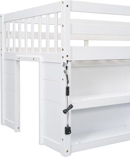 LED Twin Size Low Loft Bed for Kids,Twin Loft Bed with Storage Shelves,Kids Low Loft Bed Frame with LED Light,Space Saving, White - LeafyLoom