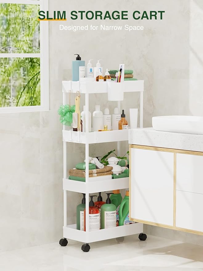 LEHOM Slim Rolling Storage Cart - 4 Tiers Bathroom Organizer Utility Cart Slide Out Storage Shelves Mobile Shelving Unit for Kitchen, Bedroom, Office, Laundry Room, Small Narrow Spaces (Pear White) - LeafyLoom