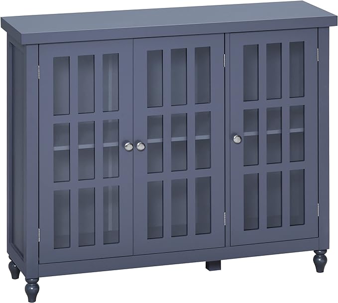 HOMCOM Sideboard, Buffet Cabinet with 3 Tempered Glass Doors, Stripe Pattern and Adjustable Storage Shelf, Credenza, Gray - LeafyLoom