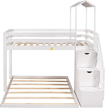 Stairway Twin over Full House Bunk Bed with Storage Shelves & Roof Design,Wooden Bunkbeds wtih Safety Guardrails for Kids/Teen/Adults Bedroom,Space Saving, White - LeafyLoom