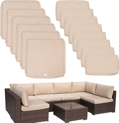 ClawsCover 14Pack Outdoor Patio Seat and Back Cushions Replacement Covers Fit for 7Pieces 6-Seater Wicker Rattan Sectional Couch Chair Furniture Set,Light Khaki-Include Cover Only (Large) - LeafyLoom