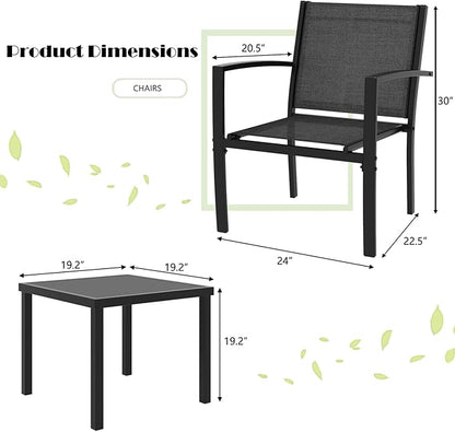 Greesum 3 Pieces Patio Furniture Set Outdoor Conversation Textilene Fabric Chairs for Lawn, Garden, Balcony, Poolside with A Glass Coffee Table, Black - LeafyLoom