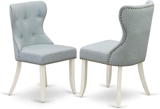 East West Furniture SIP2T15 Sion Parson Kitchen Button Tufted Nailhead Trim Baby Blue Fabric Upholstered Dining Chairs, Set of 2, Linen White - LeafyLoom