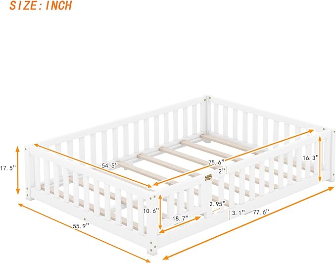 Multifunctional Full Size Floor Bed with Safety Guardrails and Door, Removable Wood Slats, Montessori Beds Frame for Toddlers, for Boys and Girls, White - LeafyLoom