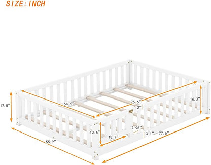 Multifunctional Full Size Floor Bed with Safety Guardrails and Door, Removable Wood Slats, Montessori Beds Frame for Toddlers, for Boys and Girls, White - LeafyLoom