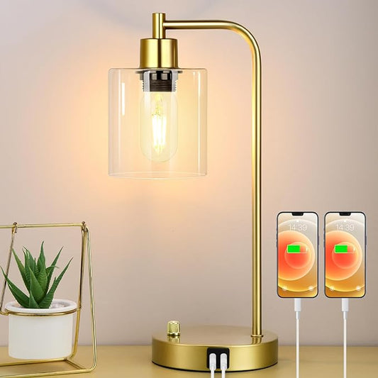 Gold Industrial Table Lamp with 2 USB Charging Ports, Fully Stepless Dimmable Modern Nightstand Lamp, Glass Shade Bedside Desk Lamp for Bedroom Living Room Office, 6W 2700K LED Edison Bulb Included - LeafyLoom