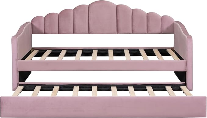 Twin Size Upholstered Daybed with Trundle and Striped Headboard, Velvet Bed w/USB Charging Ports & Side Pockets, for Bedroom Living Room, No Box-spring Needed - LeafyLoom