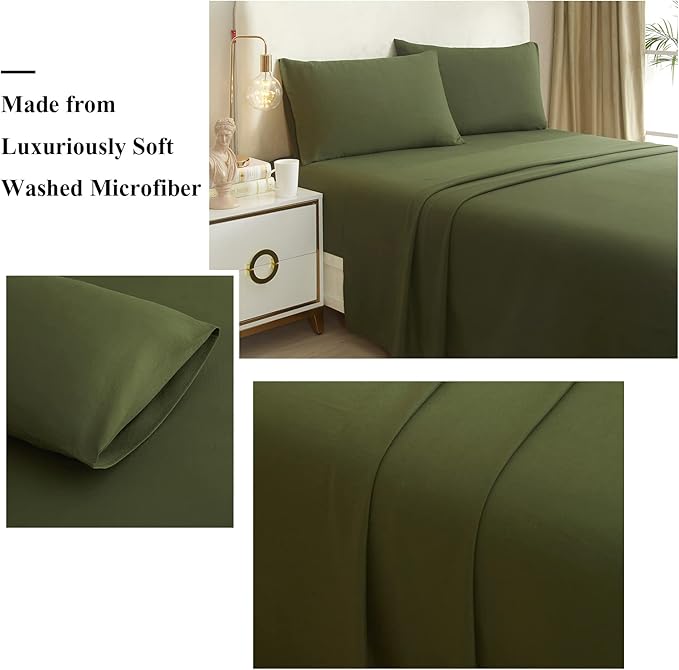 Army Green Full Size Sheet Set Extra Soft Deep Pocket Sheets Set,4 Piece Bed Fitted Sheets Fit 16 Mattress,Wrinkle,Fade,Sain Resistant Cooling Bed Sheets,Fitted Sheets,Pillowcases Set - LeafyLoom