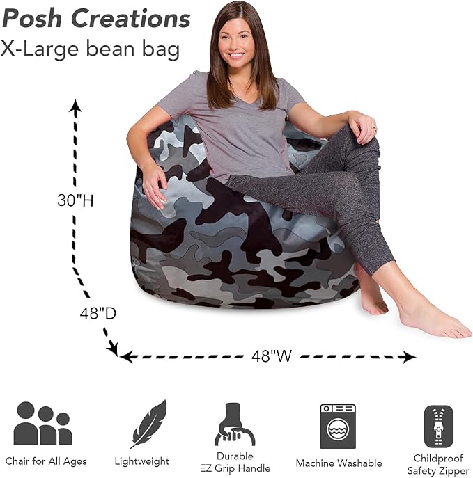 Posh Creations Bean Bag Chair for Kids, Teens, and Adults Includes Removable and Machine Washable Cover, Soft Nylon - Camo Gray and White, 48in - X-Large - LeafyLoom