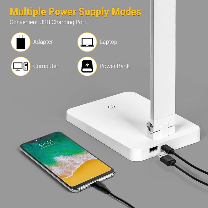 LED Desk Lamp for Home Office, 3 Levels Dimmable Desk Light with USB Charging Port, Small Study Lamp, Reading Light for Table, White, 5000K - LeafyLoom