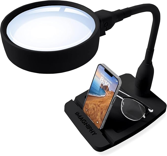 8X Desk Magnifying Light - Magnifying Glass for Reading and Crafts with 6 LEDs (No Glare, No Flickering) - Magnifying Lamp with Light and Stand, 2 Brightness Settings - Ideal for Seniors - LeafyLoom