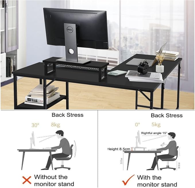 L-Shaped Desk,Corner Computer Desk with Storage Shelves,Large Gaming Desk PC Laptop Writing Workstation with Monitor Stand for Home Office Black - LeafyLoom