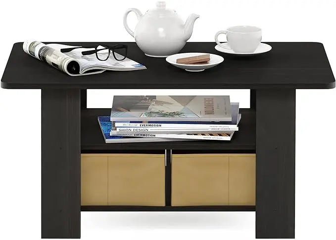 Furinno Coffee Table with Bins, Espresso/Brown - LeafyLoom