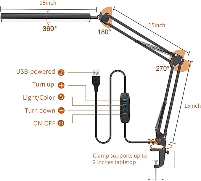 LED Metal Swing Arm Desk Lamp with Clamp, 14W Eye-Caring 3 Modes, 30 Brightness Dimmable, Memory Function/USB Adapter, Architect Table Light for Home Office (Black) - LeafyLoom