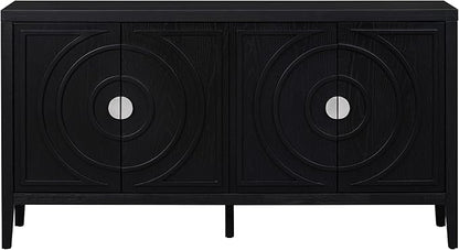 Retro Sideboard with Circular Groove Design Round Metal Door Handle,Wooden Buffet Cabinet,W/Adjustable Shelves & Open Countertop,for Entrance Living Dinning Room,Black, 60" - LeafyLoom