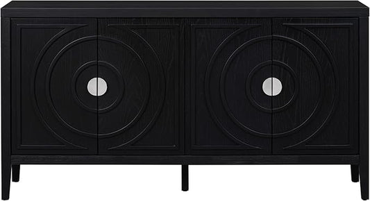 Retro Sideboard with Circular Groove Design Round Metal Door Handle,Wooden Buffet Cabinet,W/Adjustable Shelves & Open Countertop,for Entrance Living Dinning Room,Black, 60" - LeafyLoom