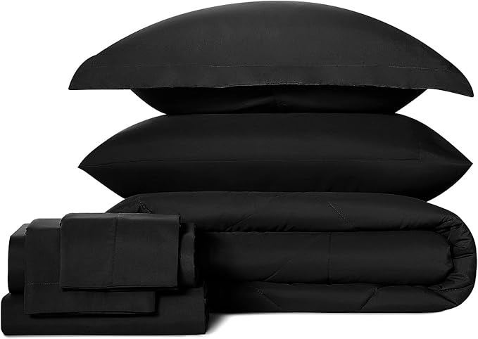 CozyLux Twin Bed in a Bag Comforter Sets with Comforter and Sheets 5 Pieces for Girls and Boys Black All Season Bedding Sets with Comforter, Pillow Sham, Flat Sheet, Fitted Sheet and Pillowcase - LeafyLoom