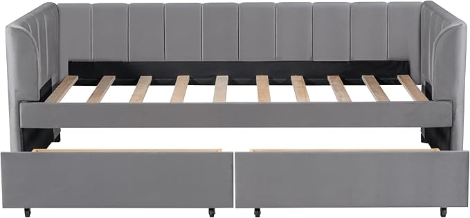 Modern Twin Size Upholstered Daybed Frame with Storage Drawers, Elegant Velvet Fabric Sofa Bed with Ergonomic Design Backrest and Armrests, No Box Spring Needed, Gray - LeafyLoom