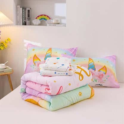 NTBED Unicorn Twin Comforter Set with Sheets,5 Pieces Kids Bedding Sets for Girls, Lightweight Microfiber Star Floral Bed in a Bag, Rainbow - LeafyLoom