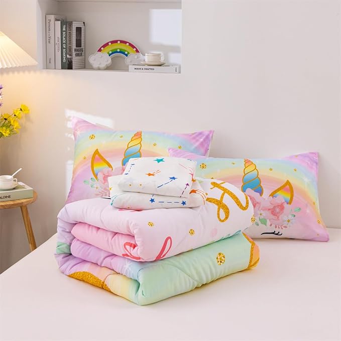 NTBED Unicorn Full Comforter Set with Sheets,5 Pieces Kids Bedding Sets for Girls, Lightweight Microfiber Star Floral Bed in a Bag, Rainbow - LeafyLoom